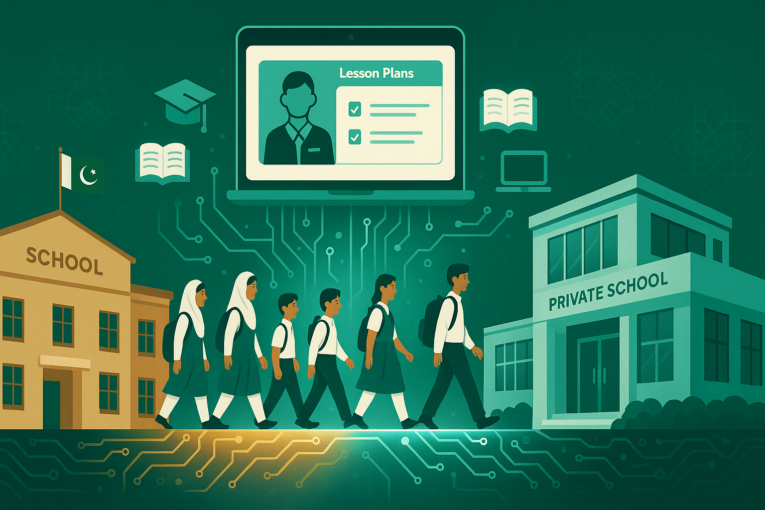 Public-Private Digital Education in Pakistan - School Privatization Debate and EdTech Solutions showing students, teachers, and digital learning